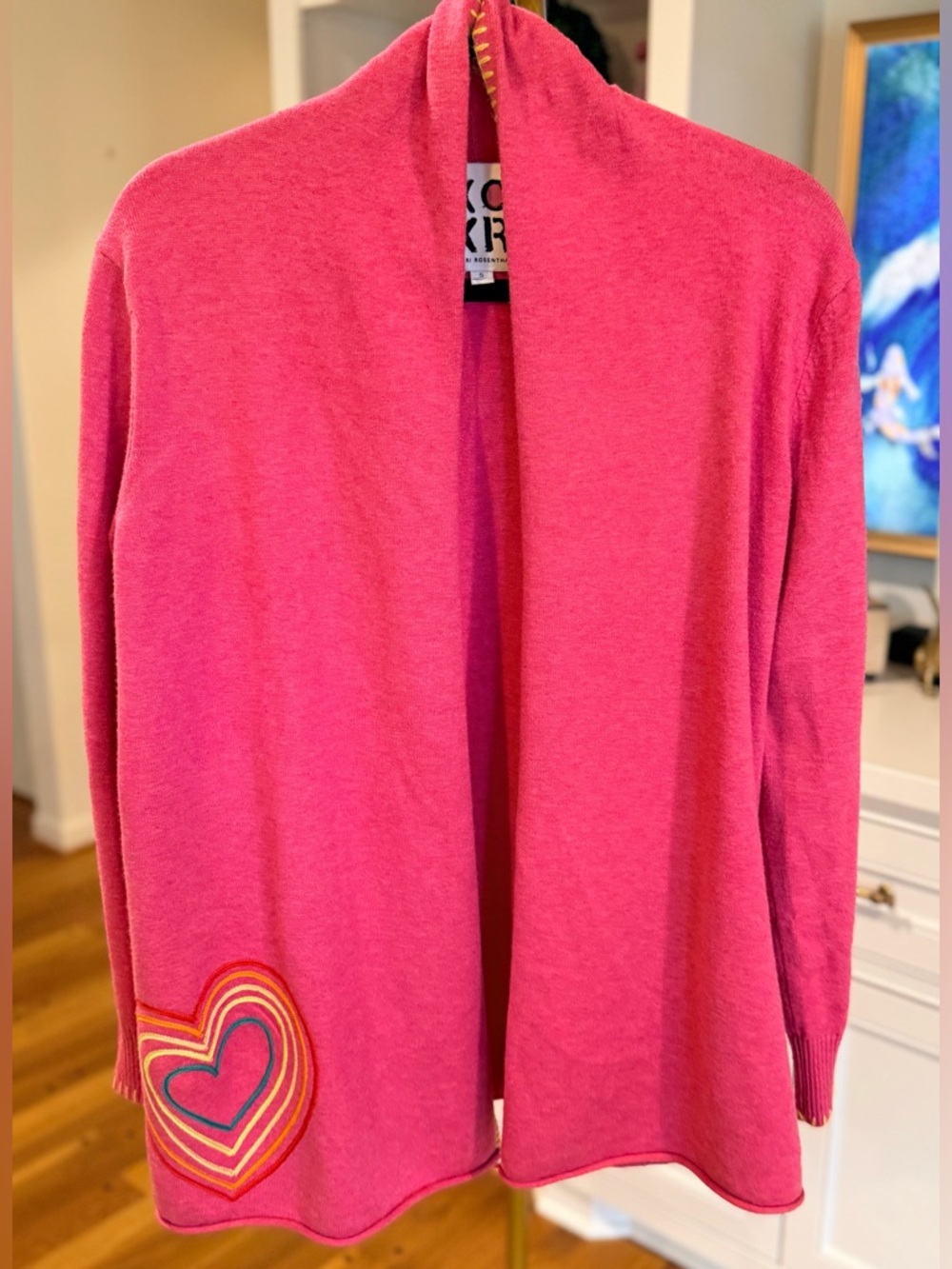 Kerri Rosenthal XOKR Heart Cardigan Pink Rainbow Stitch Open Front Sweater Small - Picture 3 of 12